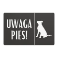 Tabliczka ostrzegawcza „Uwaga Pies!” w kolorze antracytowym, pies w pozycji siedzącej, wzór 1.