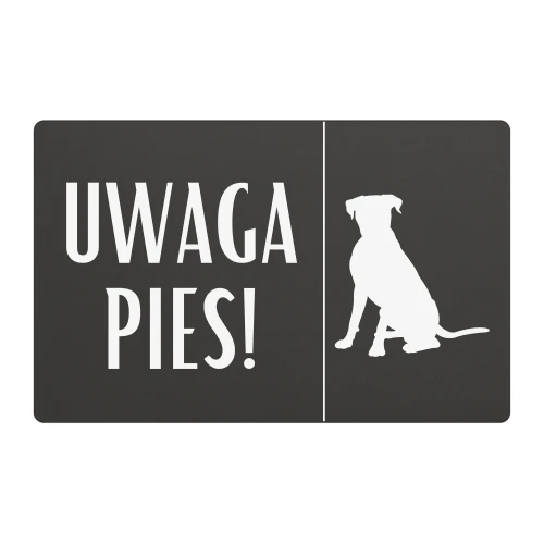 Tabliczka ostrzegawcza „Uwaga Pies!” w kolorze antracytowym, pies w pozycji siedzącej, wzór 1.