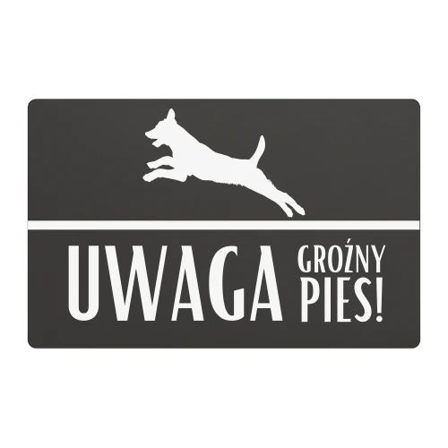Tabliczka „Uwaga Groźny Pies!” antracytowa z grafiką skaczącego psa, wzór 3