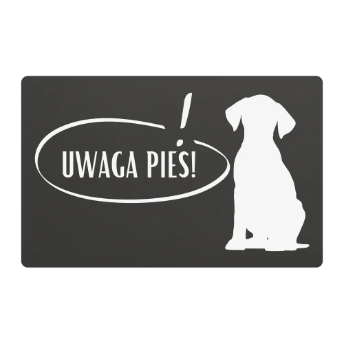 Tabliczka ostrzegawcza „Uwaga Pies!” – dibond antracytowy 3 mm, wymiary 24x16 cm, pies siedzący, wzór 4.