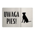 Tabliczka „Uwaga Pies!” stal szczotkowana, wzór 1, elegancka grafika psa siedzącego, dibond 3 mm