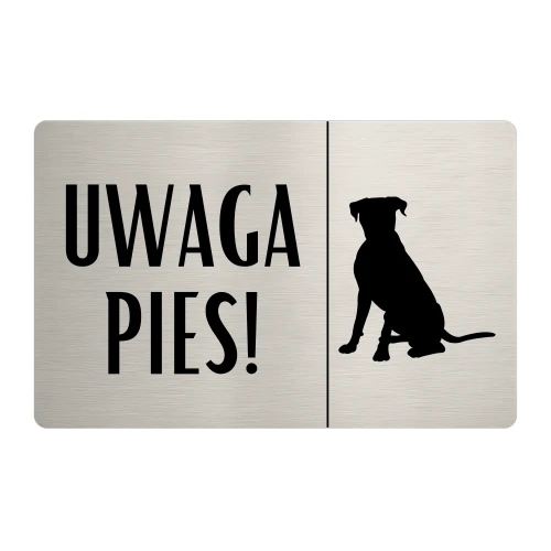 Tabliczka „Uwaga Pies!” stal szczotkowana, wzór 1, elegancka grafika psa siedzącego, dibond 3 mm