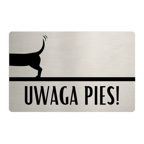 Tabliczka „Uwaga Pies!” stal szczotkowana, elegancka z grafiką psa w ruchu, wzór 2.