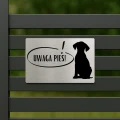 Tabliczka „Uwaga Pies!” stal szczotkowana, wzór 4, elegancki design z grafiką psa i napisem w ramce, dibond 3 mm.
