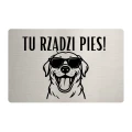 Tabliczka „Tu rządzi pies!” – stal szczotkowana, zabawna grafika psa z okularami przeciwsłonecznymi, wzór 5.