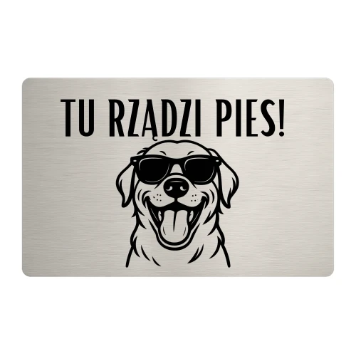 Tabliczka „Tu rządzi pies!” – stal szczotkowana, zabawna grafika psa z okularami przeciwsłonecznymi, wzór 5.