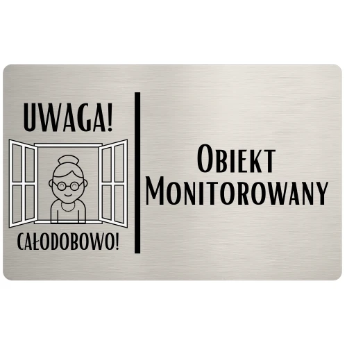 Humorystyczna tabliczka z ilustracją babci jako strażniczki.