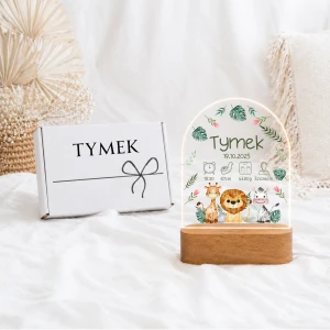 Metryczka urodzenia LED – lampka dla dziecka Dżungla | Prezent dla noworodka