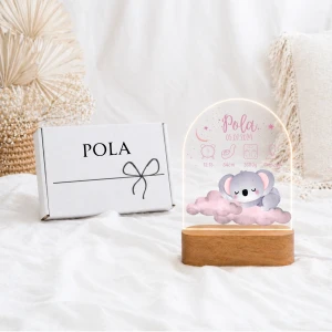 Metryczka urodzenia LED – lampka dla dziecka Różowa Koala | Prezent dla noworodka