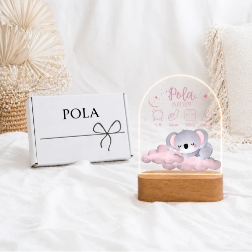 Metryczka LED dla dziecka Różowa Koala – lampka z danymi urodzenia i personalizowanym pudełkiem