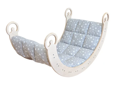 Bujak Drewniany z Szare Gwiazdy, zabawka Montessori dla  dziecka. Poduszka Szare Gwiazdy do bujaka Montessori, Bujaka dla dzieci z Poduszką Szare Gwiazdy. Szare Gwiazdy Poduszka do Bujak ze zjeżdżalnią i ścianką